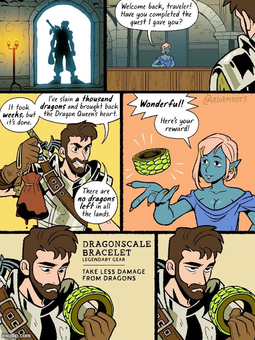 image tagged in traveler,quest,dragons,slain,bracelet,what | made w/ Imgflip meme maker
