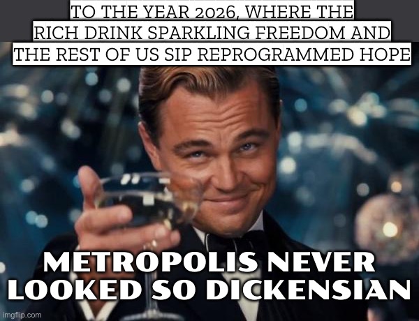 TO THE YEAR 2026 | TO THE YEAR 2026, WHERE THE RICH DRINK SPARKLING FREEDOM AND THE REST OF US SIP REPROGRAMMED HOPE; METROPOLIS NEVER LOOKED SO DICKENSIAN | image tagged in memes,leonardo dicaprio cheers,2026,dystopia,artificial intelligence,inequality | made w/ Imgflip meme maker