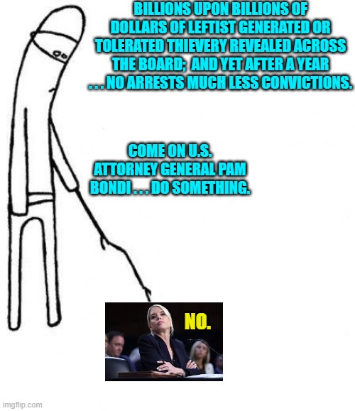 The DOJ's slow-go approach is irritating some Trump supporters, Pam. Just saying. | BILLIONS UPON BILLIONS OF DOLLARS OF LEFTIST GENERATED OR TOLERATED THIEVERY REVEALED ACROSS THE BOARD;  AND YET AFTER A YEAR . . . NO ARRESTS MUCH LESS CONVICTIONS. COME ON U.S. ATTORNEY GENERAL PAM BONDI . . . DO SOMETHING. NO. | image tagged in c'mon do something | made w/ Imgflip meme maker
