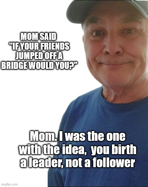 durlearl | MOM SAID  "IF YOUR FRIENDS JUMPED OFF A BRIDGE WOULD YOU?"; Mom. I was the one with the idea,  you birth a leader, not a follower | image tagged in durlearl | made w/ Imgflip meme maker