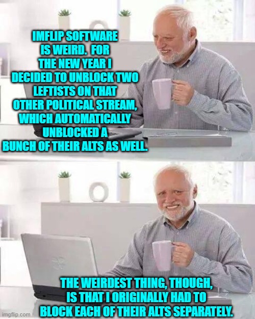The next time one of those leftists claim they don't use Alt-IDs . . . just laugh at them. | IMFLIP SOFTWARE IS WEIRD.  FOR THE NEW YEAR I DECIDED TO UNBLOCK TWO LEFTISTS ON THAT OTHER POLITICAL STREAM, WHICH AUTOMATICALLY UNBLOCKED A BUNCH OF THEIR ALTS AS WELL. THE WEIRDEST THING, THOUGH, IS THAT I ORIGINALLY HAD TO BLOCK EACH OF THEIR ALTS SEPARATELY. | image tagged in hide the pain harold | made w/ Imgflip meme maker