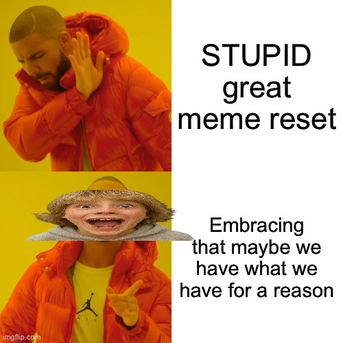 I bet you snowflakes will be offended, it’s just dark humor | STUPID great meme reset; Embracing that maybe we have what we have for a reason | image tagged in memes,drake hotline bling | made w/ Imgflip meme maker