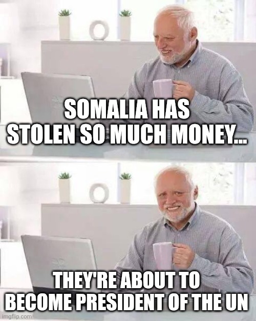 Not kidding | SOMALIA HAS STOLEN SO MUCH MONEY... THEY'RE ABOUT TO BECOME PRESIDENT OF THE UN | image tagged in memes,hide the pain harold | made w/ Imgflip meme maker