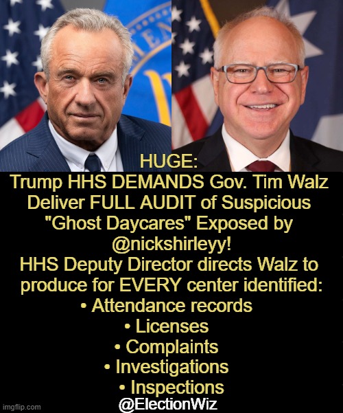 Taxpayer-Funded Fraud, FAFO | HUGE: 
Trump HHS DEMANDS Gov. Tim Walz 
Deliver FULL AUDIT of Suspicious 
"Ghost Daycares" Exposed by 
@nickshirleyy!

HHS Deputy Director directs Walz to 
produce for EVERY center identified:

• Attendance records  

• Licenses  
• Complaints  
• Investigations  
• Inspections; @ElectionWiz | image tagged in tim walz,audit,fraud,in plain sight,minnesota,democrats | made w/ Imgflip meme maker