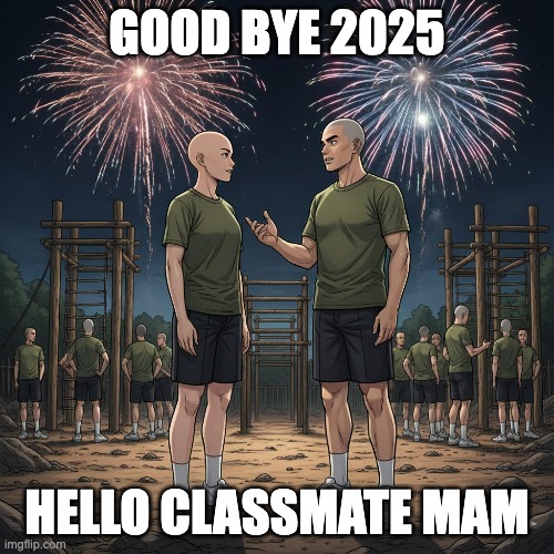 new year memes | GOOD BYE 2025; HELLO CLASSMATE MAM | image tagged in trainee | made w/ Imgflip meme maker