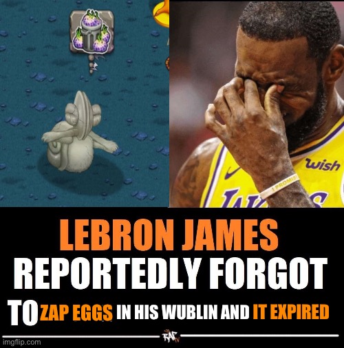 Lebron James Reportedly forgot to | IT EXPIRED; |       | | IN HIS WUBLIN AND; ZAP EGGS | image tagged in lebron james reportedly forgot to | made w/ Imgflip meme maker