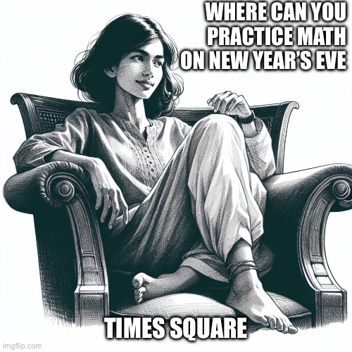 Happy New Year | WHERE CAN YOU PRACTICE MATH ON NEW YEAR’S EVE; TIMES SQUARE | image tagged in woman sitting in an armchair | made w/ Imgflip meme maker