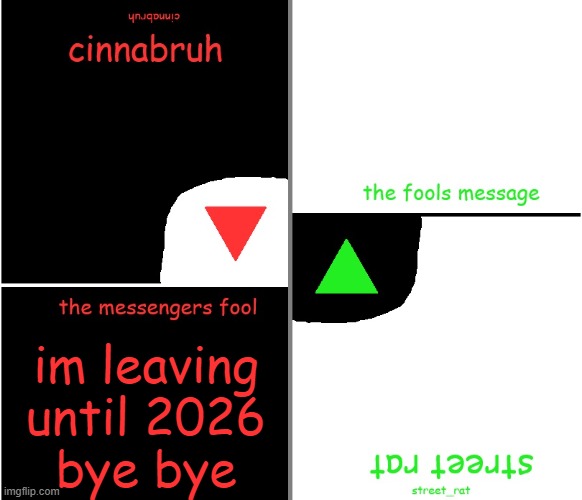 street rat n cinnabruh announcement | im leaving until 2026
bye bye | image tagged in street rat n cinnabruh announcement | made w/ Imgflip meme maker