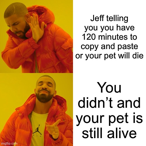 Seriously though who is jeff | Jeff telling you you have 120 minutes to copy and paste or your pet will die; You didn’t and your pet is still alive | image tagged in memes,drake hotline bling,jeff,relatable,funny | made w/ Imgflip meme maker
