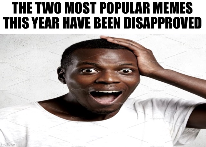 Black man surprised | THE TWO MOST POPULAR MEMES THIS YEAR HAVE BEEN DISAPPROVED | image tagged in black man surprised | made w/ Imgflip meme maker