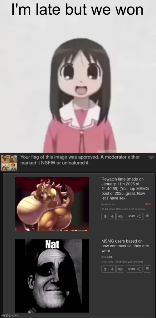 We did it, the AI slop is gone. | I'm late but we won | image tagged in osaka is scary uncropped | made w/ Imgflip meme maker