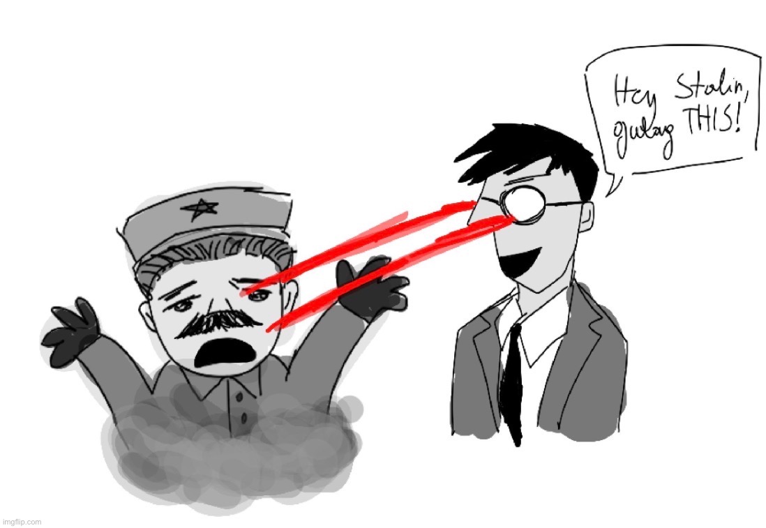 Shostakovich shooting lasers at Stalin | image tagged in drawing,dmitri shostakovich,joseph stalin | made w/ Imgflip meme maker