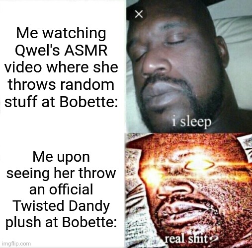 Going crazy over here because it ain't available yet! | Me watching Qwel's ASMR video where she throws random stuff at Bobette:; Me upon seeing her throw an official Twisted Dandy plush at Bobette: | image tagged in memes,sleeping shaq,dandy's world,dandy,roblox,plush | made w/ Imgflip meme maker