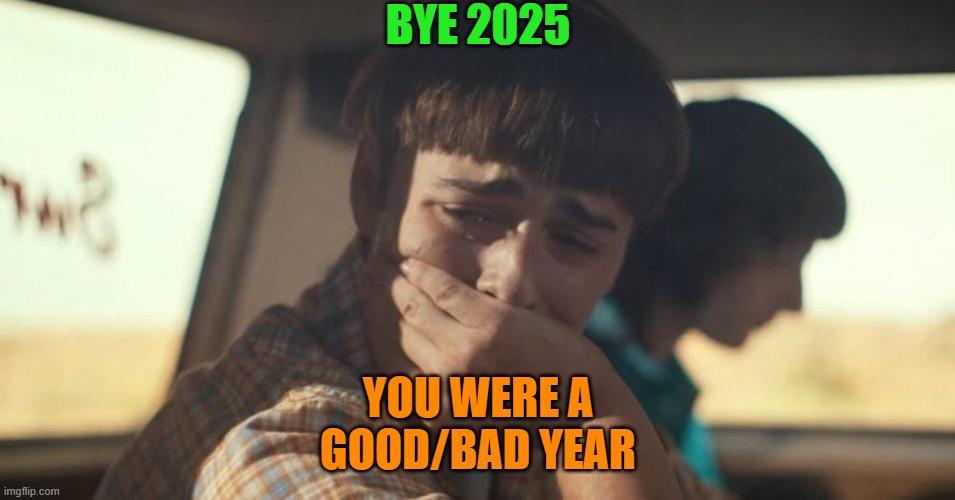 Bye! | BYE 2025; YOU WERE A GOOD/BAD YEAR | image tagged in will byers crying,memes,funny,fun,lolz,stop reading the tags | made w/ Imgflip meme maker