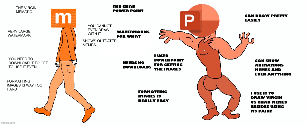 THE VIRGIN MEMATIC VS THE CHAD POWERPOINT | image tagged in chad vs virgin | made w/ Imgflip meme maker