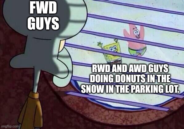 Rwd and awd fun | FWD GUYS; RWD AND AWD GUYS DOING DONUTS IN THE SNOW IN THE PARKING LOT. | image tagged in squidward window | made w/ Imgflip meme maker
