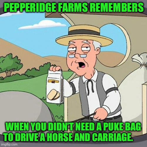 Pepperidge Farm Remembers | PEPPERIDGE FARMS REMEMBERS; WHEN YOU DIDN’T NEED A PUKE BAG TO DRIVE A HORSE AND CARRIAGE. | image tagged in memes,pepperidge farm remembers | made w/ Imgflip meme maker