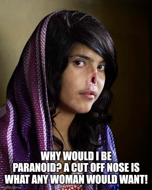 WHY WOULD I BE PARANOID? A CUT OFF NOSE IS WHAT ANY WOMAN WOULD WANT! | made w/ Imgflip meme maker