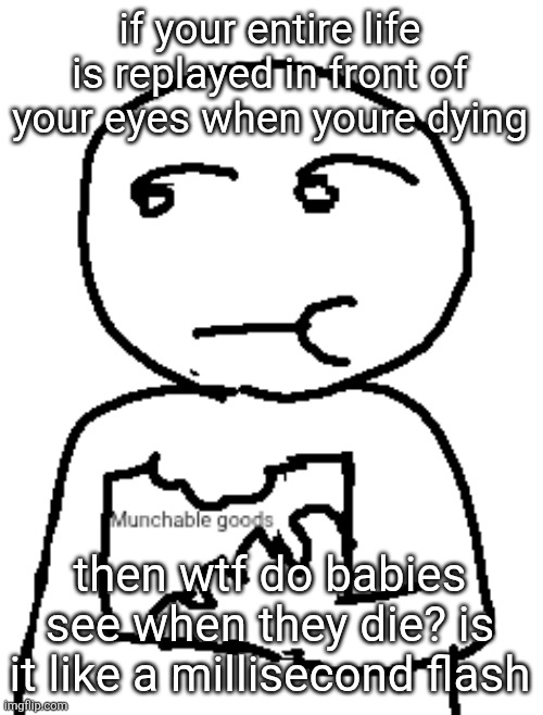 Munchable goods | if your entire life is replayed in front of your eyes when youre dying; then wtf do babies see when they die? is it like a millisecond flash | image tagged in munchable goods | made w/ Imgflip meme maker