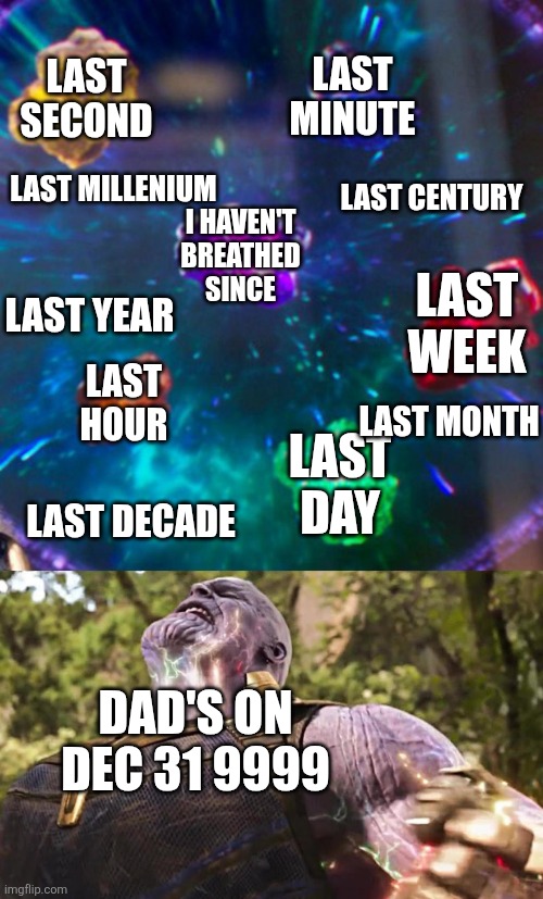 Thanos Infinity Stones | LAST SECOND; LAST MINUTE; LAST MILLENIUM; LAST CENTURY; I HAVEN'T BREATHED SINCE; LAST WEEK; LAST YEAR; LAST HOUR; LAST MONTH; LAST DAY; LAST DECADE; DAD'S ON DEC 31 9999 | image tagged in thanos infinity stones | made w/ Imgflip meme maker
