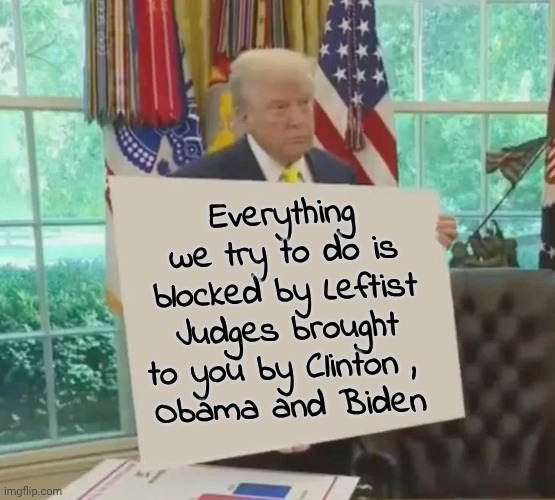 Your Idol President Trump | Everything we try to do is blocked by Leftist Judges brought to you by Clinton , 
Obama and Biden | image tagged in your idol president trump | made w/ Imgflip meme maker