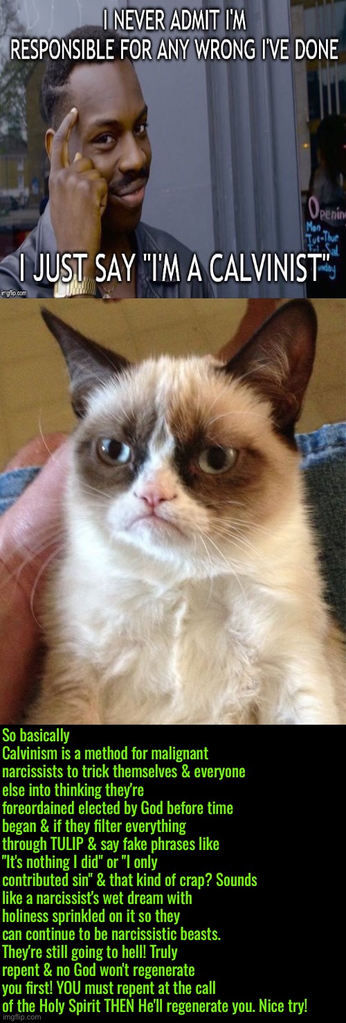 Narcissistic "Holiness" | So basically Calvinism is a method for malignant narcissists to trick themselves & everyone else into thinking they're foreordained elected by God before time began & if they filter everything through TULIP & say fake phrases like "It's nothing I did" or "I only contributed sin" & that kind of crap? Sounds like a narcissist's wet dream with holiness sprinkled on it so they can continue to be narcissistic beasts. They're still going to hell! Truly repent & no God won't regenerate you first! YOU must repent at the call of the Holy Spirit THEN He'll regenerate you. Nice try! | image tagged in grumpy cat,calvinism,calvinist memes,anti calvinism,reformed theology,malignant narcissism | made w/ Imgflip meme maker