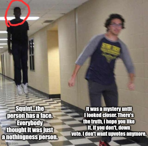TRUTH | It was a mystery until I looked closer. There's the truth, I hope you like it. If you don't, down vote. I don't want upvotes anymore. Squint...the person has a face. Everybody thought it was just a nothingness person. | image tagged in floating boy chasing running boy | made w/ Imgflip meme maker