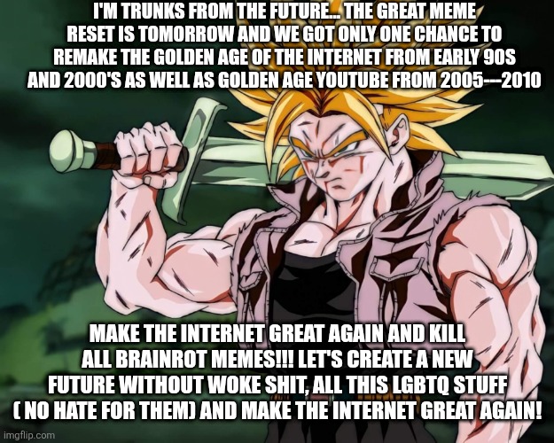 Trunks | I'M TRUNKS FROM THE FUTURE... THE GREAT MEME RESET IS TOMORROW AND WE GOT ONLY ONE CHANCE TO REMAKE THE GOLDEN AGE OF THE INTERNET FROM EARLY 90S AND 2000'S AS WELL AS GOLDEN AGE YOUTUBE FROM 2005---2010; MAKE THE INTERNET GREAT AGAIN AND KILL ALL BRAINROT MEMES!!! LET'S CREATE A NEW FUTURE WITHOUT WOKE SHIT, ALL THIS LGBTQ STUFF ( NO HATE FOR THEM) AND MAKE THE INTERNET GREAT AGAIN! | image tagged in trunks | made w/ Imgflip meme maker