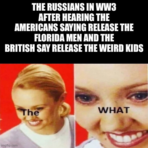 The What | THE RUSSIANS IN WW3 AFTER HEARING THE AMERICANS SAYING RELEASE THE FLORIDA MEN AND THE BRITISH SAY RELEASE THE WEIRD KIDS | image tagged in the what | made w/ Imgflip meme maker