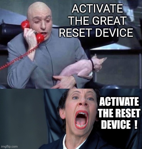 Dr Evil and Frau | ACTIVATE THE GREAT RESET DEVICE; ACTIVATE THE RESET DEVICE  ! | image tagged in dr evil and frau | made w/ Imgflip meme maker