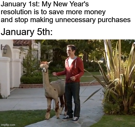 January 1st: My New Year's resolution is to save more money and stop making unnecessary purchases; January 5th: | image tagged in modern family,happy new year,new years,new year resolutions,new years resolutions,memes | made w/ Imgflip meme maker