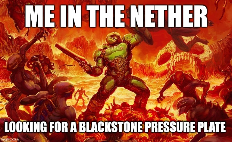 It matches my base decor | ME IN THE NETHER; LOOKING FOR A BLACKSTONE PRESSURE PLATE | image tagged in doom slayer killing demons | made w/ Imgflip meme maker