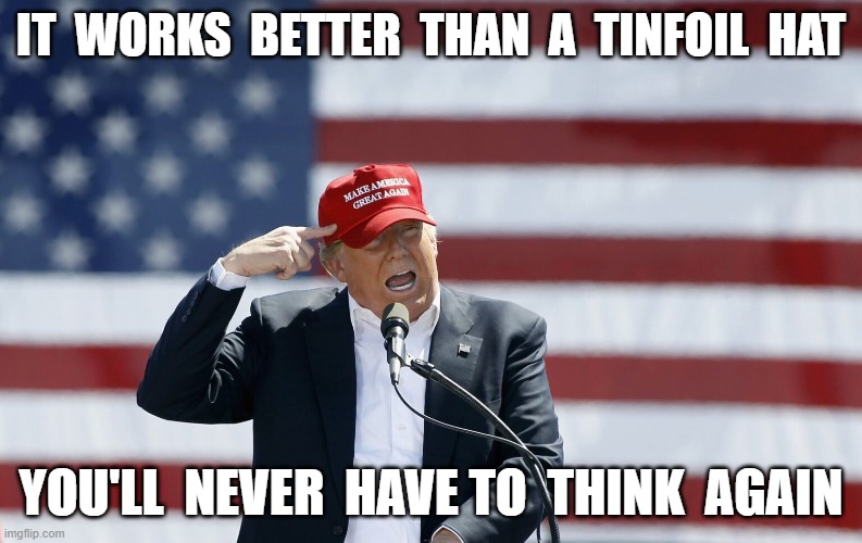 Brains Not Included, Void Where Prohibited by Public Taste | IT  WORKS  BETTER  THAN  A  TINFOIL  HAT; YOU'LL  NEVER  HAVE TO  THINK  AGAIN | image tagged in maga | made w/ Imgflip meme maker