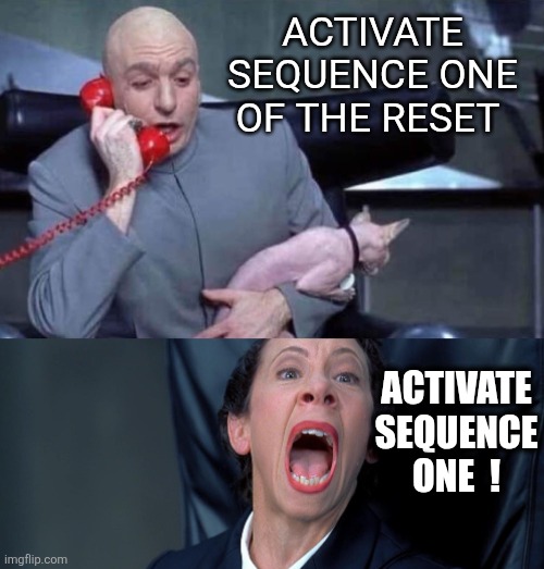 Dr Evil and Frau | ACTIVATE SEQUENCE ONE OF THE RESET; ACTIVATE SEQUENCE ONE  ! | image tagged in dr evil and frau | made w/ Imgflip meme maker