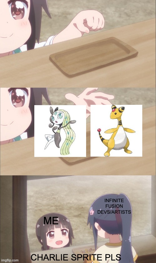 You can even have the two Formes represent Base Charlie and Demon Charlie, it's perfect! | INFINITE FUSION DEVS/ARTISTS; ME; CHARLIE SPRITE PLS | image tagged in yuu buys a cookie,hazbin hotel,pokemon fusion | made w/ Imgflip meme maker