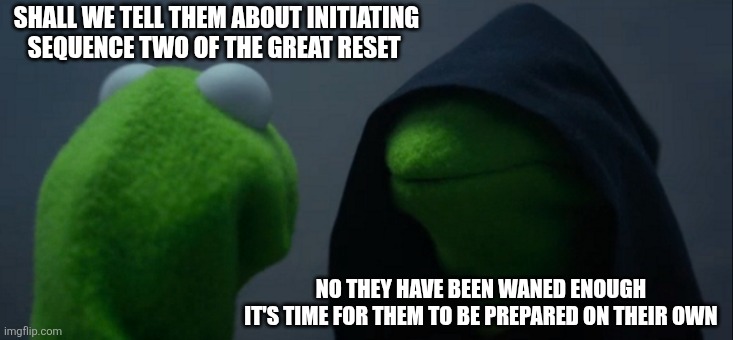 Evil Kermit | SHALL WE TELL THEM ABOUT INITIATING SEQUENCE TWO OF THE GREAT RESET; NO THEY HAVE BEEN WANED ENOUGH 
IT'S TIME FOR THEM TO BE PREPARED ON THEIR OWN | image tagged in memes,evil kermit | made w/ Imgflip meme maker