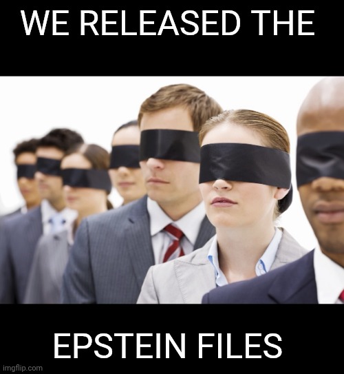 Blindfolded | WE RELEASED THE; EPSTEIN FILES | image tagged in blindfolded,epstein,jeffrey epstein,government corruption,government | made w/ Imgflip meme maker