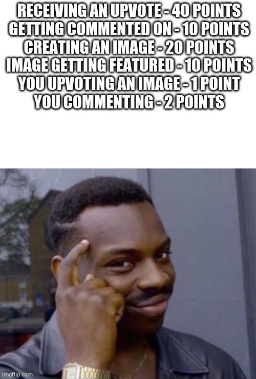imgflip point guide | RECEIVING AN UPVOTE - 40 POINTS
GETTING COMMENTED ON - 10 POINTS
CREATING AN IMAGE - 20 POINTS
IMAGE GETTING FEATURED - 10 POINTS
YOU UPVOTING AN IMAGE - 1 POINT
YOU COMMENTING - 2 POINTS | image tagged in black guy pointing at head,internet guide,points,imgflip points,no no hes got a point | made w/ Imgflip meme maker