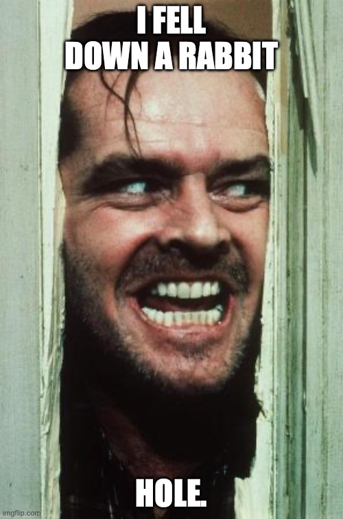 Here's Johnny Meme | I FELL DOWN A RABBIT; HOLE. | image tagged in memes,here's johnny | made w/ Imgflip meme maker