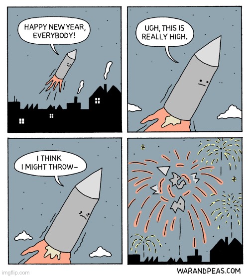 War and Peas | image tagged in comics,war and peas,new years,fireworks,explode,too high | made w/ Imgflip meme maker