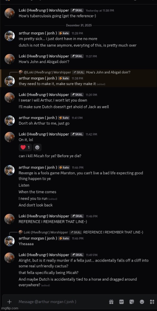 peak conversation I had with a Red Dead Redemption fan. (I'm Loki) | image tagged in gaming,rdr,rdr2,discord | made w/ Imgflip meme maker