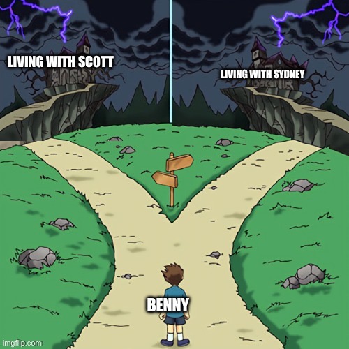 Both of the options suck | LIVING WITH SYDNEY; LIVING WITH SCOTT; BENNY | image tagged in two castles both dark,wawa | made w/ Imgflip meme maker