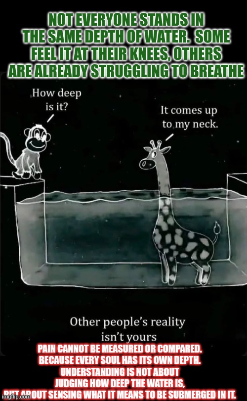 Pain cannot be measured or compared | NOT EVERYONE STANDS IN THE SAME DEPTH OF WATER.  SOME FEEL IT AT THEIR KNEES, OTHERS ARE ALREADY STRUGGLING TO BREATHE; PAIN CANNOT BE MEASURED OR COMPARED.
BECAUSE EVERY SOUL HAS ITS OWN DEPTH.
UNDERSTANDING IS NOT ABOUT JUDGING HOW DEEP THE WATER IS,
BUT ABOUT SENSING WHAT IT MEANS TO BE SUBMERGED IN IT. | image tagged in pain,perspective,subjective,understanding,logic,soul | made w/ Imgflip meme maker