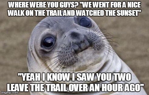 Awkward Moment Sealion Meme | WHERE WERE YOU GUYS? "WE WENT FOR A NICE WALK ON THE TRAIL AND WATCHED THE SUNSET"  "YEAH I KNOW I SAW YOU TWO LEAVE THE TRAIL OVER AN HOUR  | image tagged in memes,awkward moment sealion | made w/ Imgflip meme maker