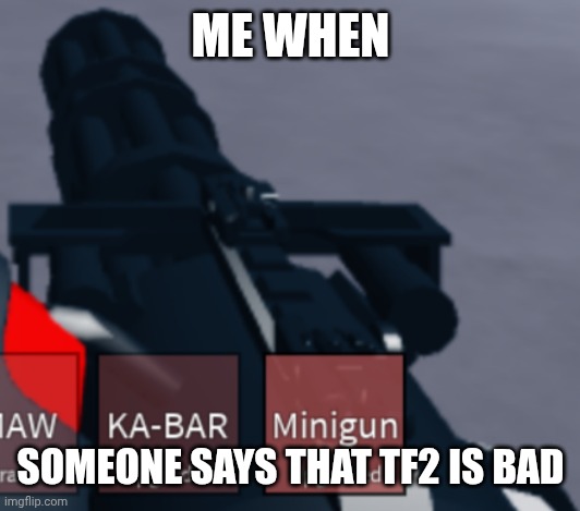 Minigun | ME WHEN; SOMEONE SAYS THAT TF2 IS BAD | image tagged in minigun | made w/ Imgflip meme maker