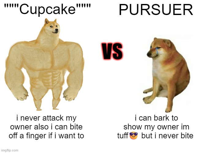 Dog named """cupcake""" vs dog named PURSUER | """Cupcake"""; PURSUER; VS; i never attack my owner also i can bite off a finger if i want to; i can bark to show my owner im tuff😎 but i never bite | image tagged in yeah that makes sense,say that again and ill shove this ruler where the sun dont shine | made w/ Imgflip meme maker