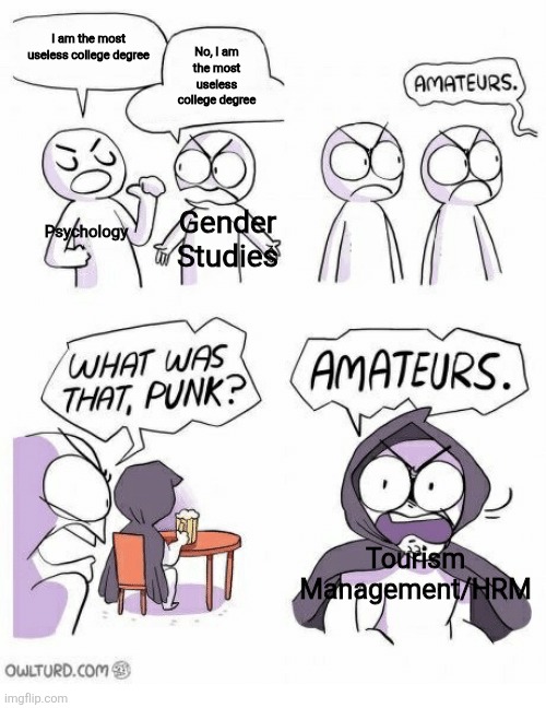 Can't believe Tourism is a college degree in the country where I live | I am the most useless college degree; No, I am the most useless college degree; Psychology; Gender Studies; Tourism Management/HRM | image tagged in amateurs,memes,college,degree | made w/ Imgflip meme maker