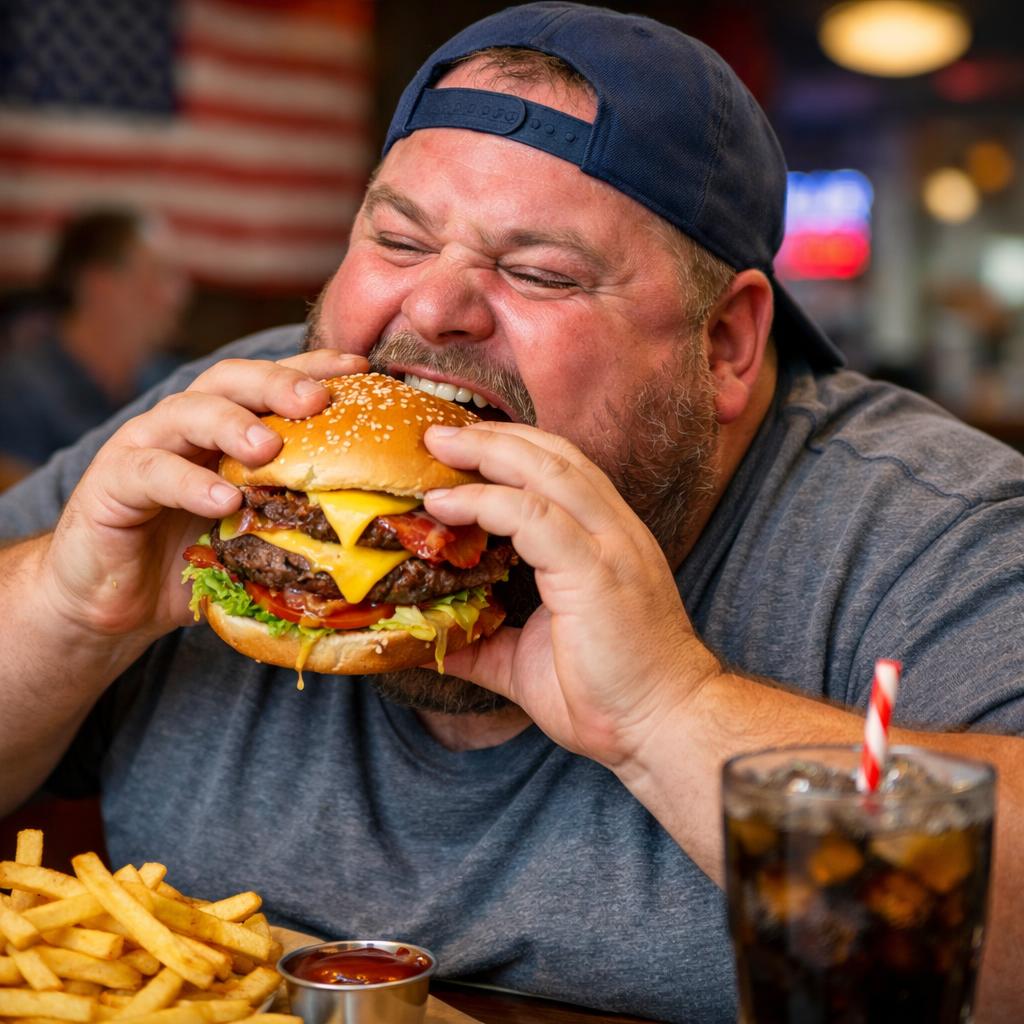 large american eating burger Blank Meme Template