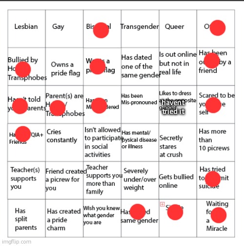 half my posts these days are bingos | havent tried it | image tagged in lgbtqia bingo | made w/ Imgflip meme maker