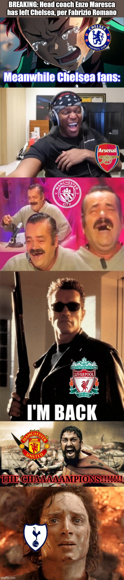 Enzo Maresca said goodbye to Chelsea after winning FIFA Club World Cup 2025 and UEFA Conference League 2024/25. Fin | BREAKING: Head coach Enzo Maresca has left Chelsea, per Fabrizio Romano; Meanwhile Chelsea fans:; THE CHAAAAAMPIONS!!!!!!! | image tagged in tanjiro crying,memes,chelsea,premier league,sports | made w/ Imgflip meme maker